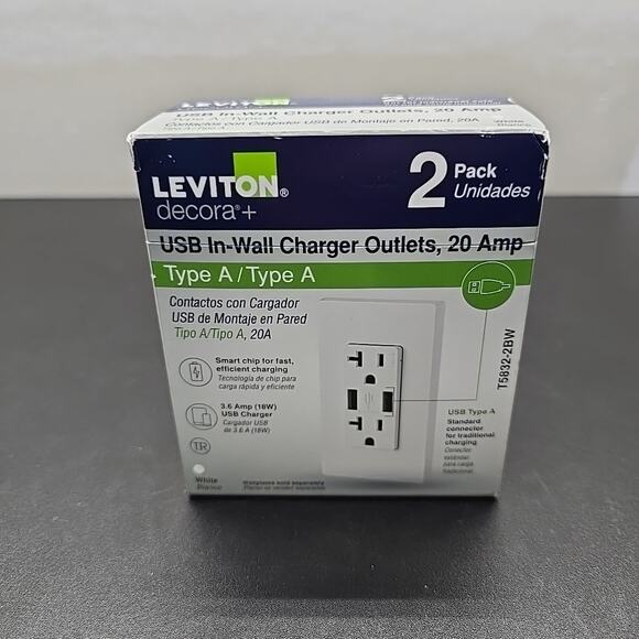 NEW Leviton T5832-2BW USB Dual Type-A in-Wall Charger with 20 Amp Outlet 2 pack - Picture 1 of 5